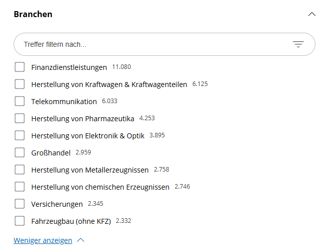 Screenshot Branchenfilter
